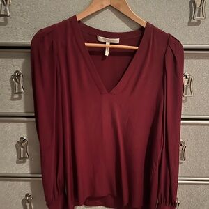 BCBGMaxAzria Burgundy Pleated Shoulder V-Neck Blouse